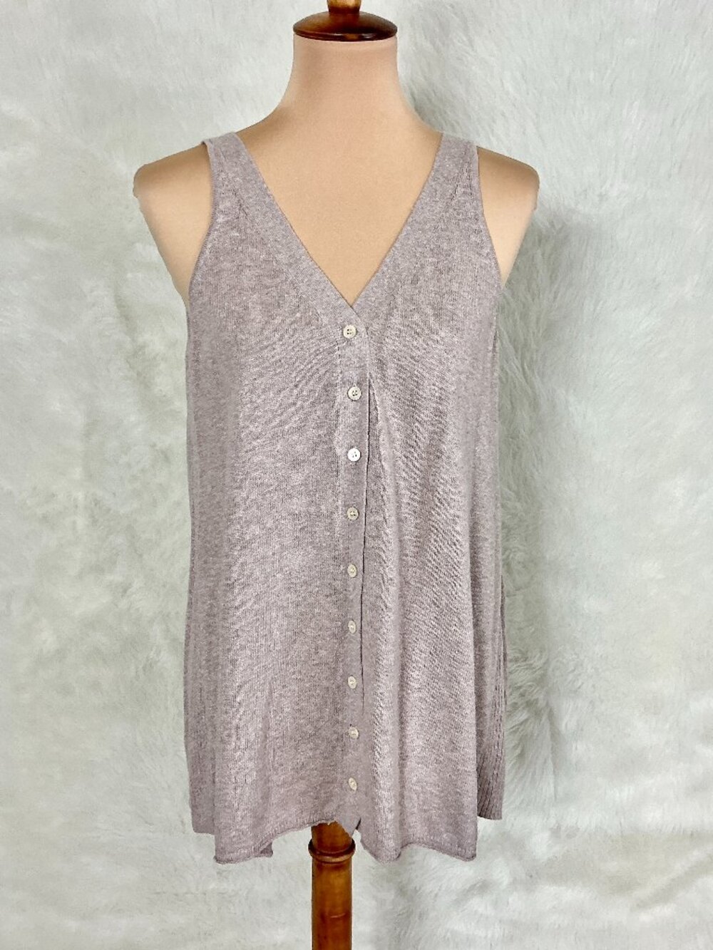 Poetry Mauve Beige Sleeveless V-Neck Button Front Cotton Linen Knit Vest Top 8
